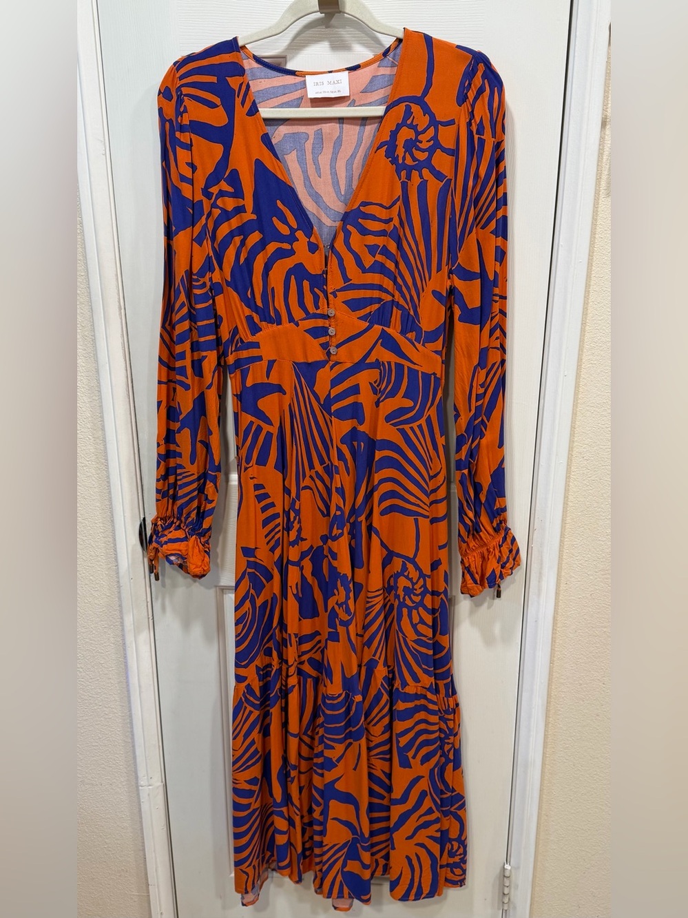 Iris Maxi Women’s XL Orange Blue V-Neck Long Sleeve Midi Dress
